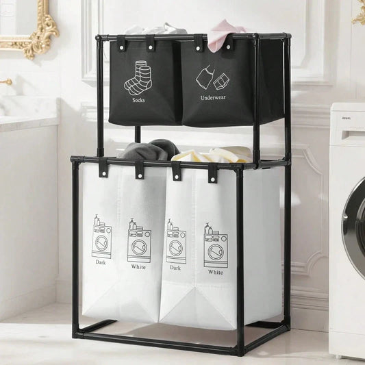 Double Laundry Basket, Collapsible 2-Tier Sorter with Two Removable Oxford Fabric Bins and Steel Frame, Black - product view 1