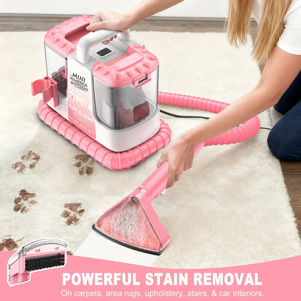 Portable Carpet Spot Cleaning Machine, Wet and Dry Upholstery Extractor with Dual Brushes, Blue or Pink, US Plug - product view 3