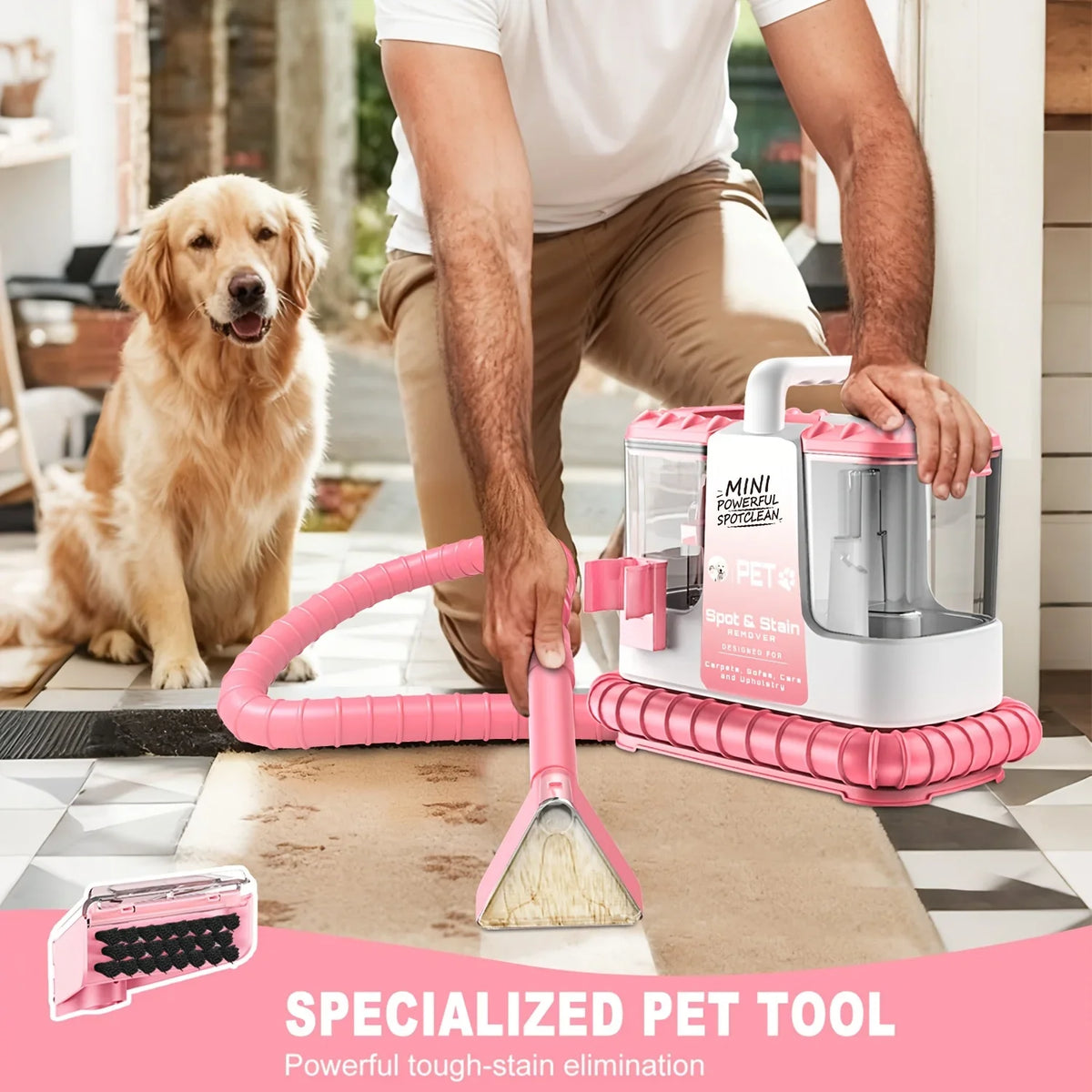 Portable Carpet Spot Cleaning Machine, Wet and Dry Upholstery Extractor with Dual Brushes, Blue or Pink, US Plug - product view 4