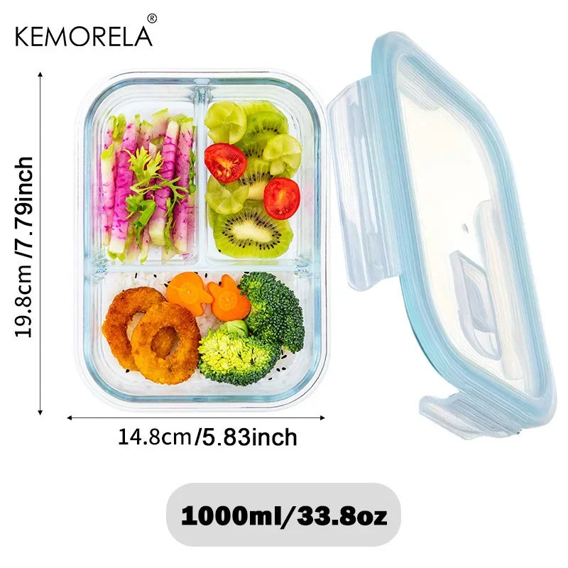 Glass Food Container Lunch Box, 2 or 3 Compartments, Snap-On Airtight Lid for Fridge, Oven and Dishwasher - product view 3