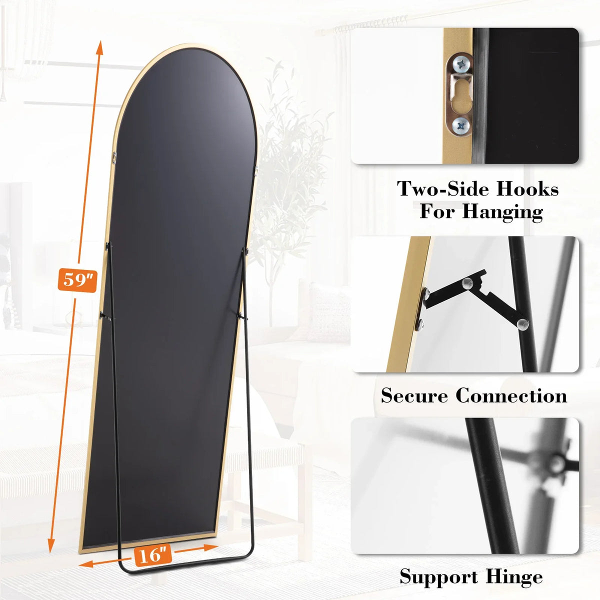 Arched Full Length Mirror, 59 x 16 Inch Glass Framed Wall Mirror, Matte Finish, Gold or Black for Bedroom and Vanity - product view 6