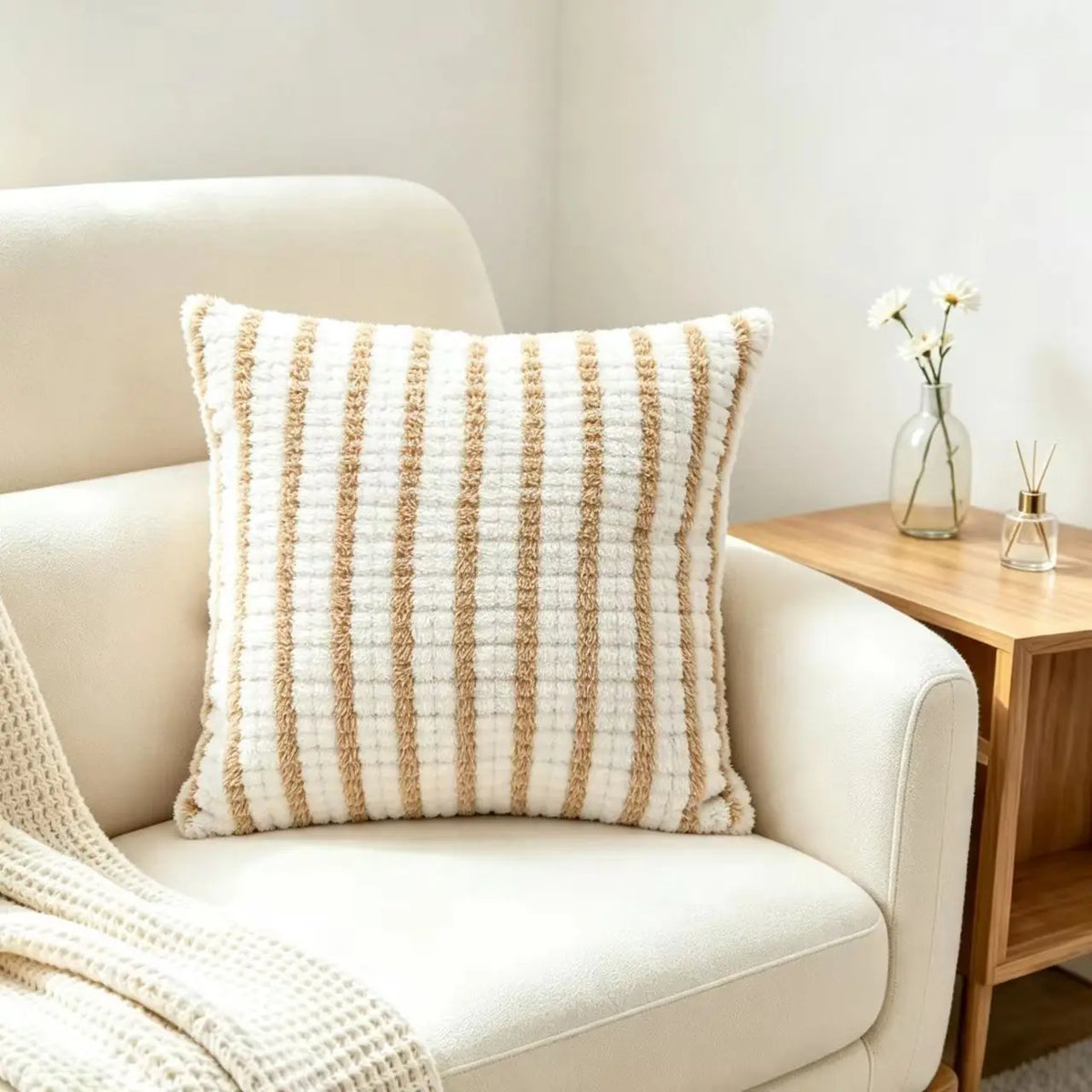 Striped Grid Plush Cushion Cover, Soft Textured Square Sofa Pillowcase with Invisible Zipper, 45x45cm Decorative Home Décor - product view 1