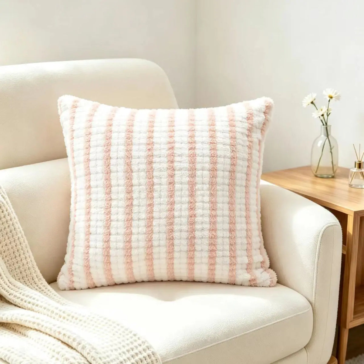 Striped Grid Plush Cushion Cover, Soft Textured Square Sofa Pillowcase with Invisible Zipper, 45x45cm Decorative Home Décor - product view 3