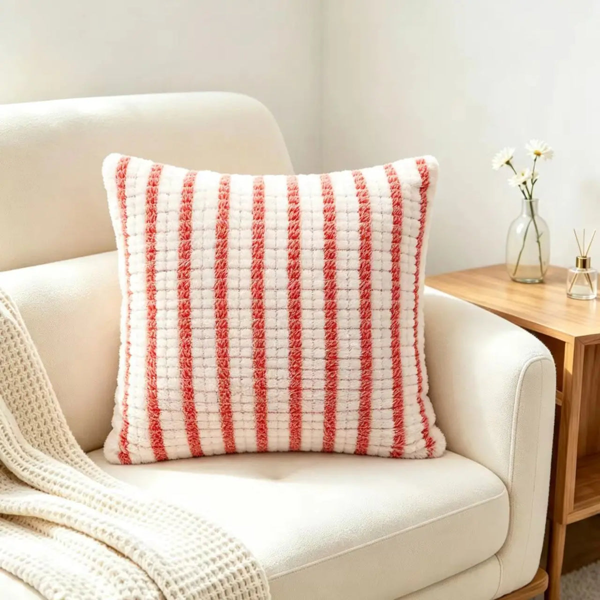 Striped Grid Plush Cushion Cover, Soft Textured Square Sofa Pillowcase with Invisible Zipper, 45x45cm Decorative Home Décor - product view 4