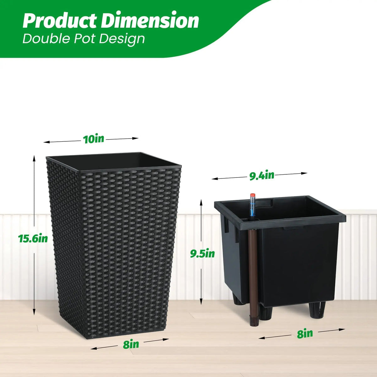 Tall Self-Watering Planter, 15.6-Inch Floor Pot with Water-Level Window, Drainage and Removable Inner Pot - product view 3