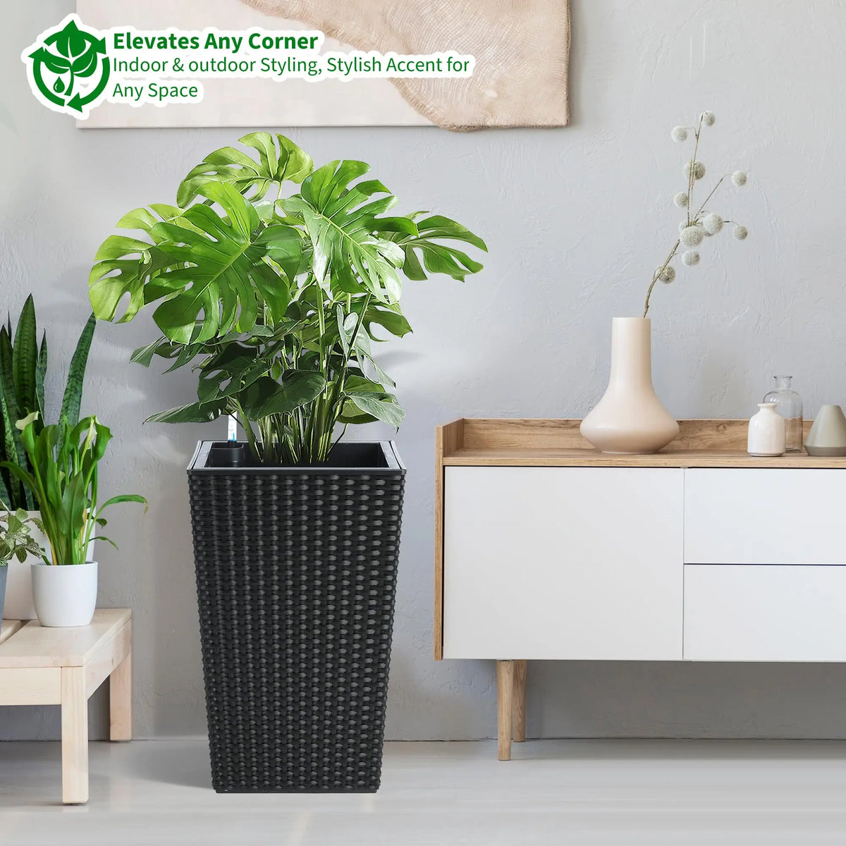 Tall Self-Watering Planter, 15.6-Inch Floor Pot with Water-Level Window, Drainage and Removable Inner Pot - product view 4