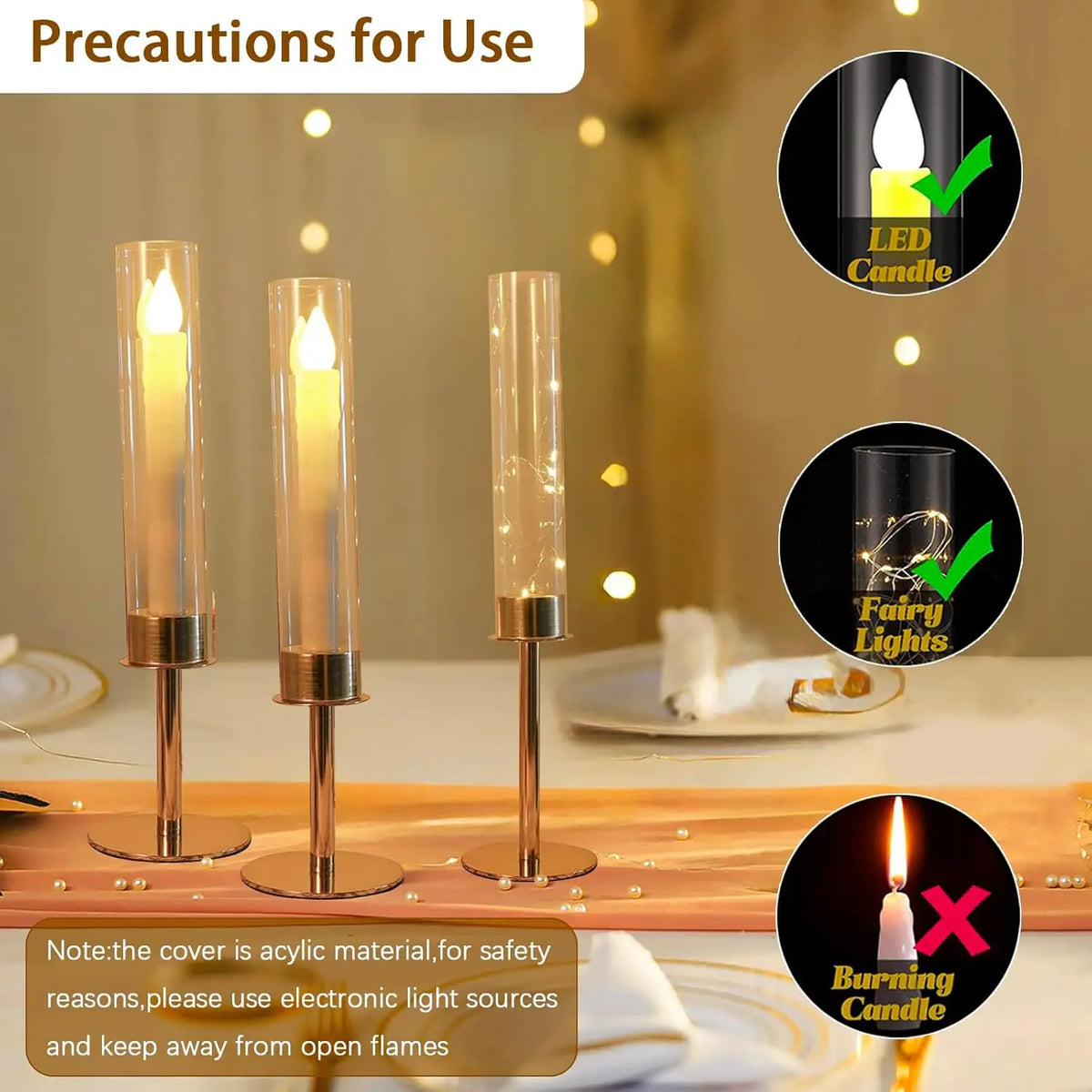 Set of 6 Acrylic Candle Holders with Removable Lampshades, Gold Finish, 14–18 in Heights for Wedding and Table Décor - product view 3