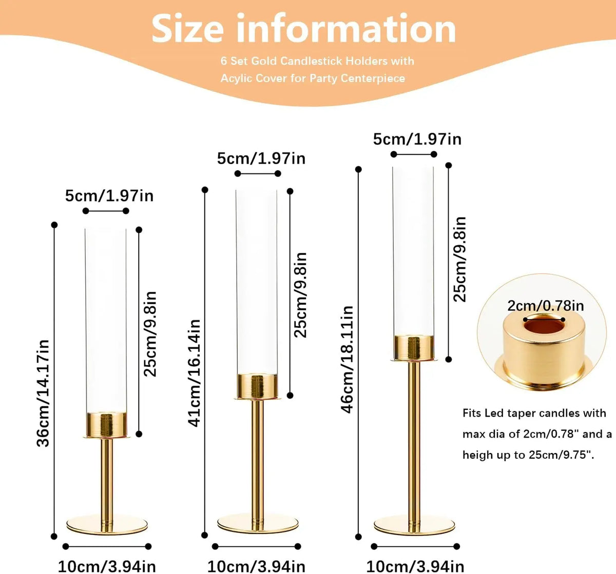 Set of 6 Acrylic Candle Holders with Removable Lampshades, Gold Finish, 14–18 in Heights for Wedding and Table Décor - product view 4