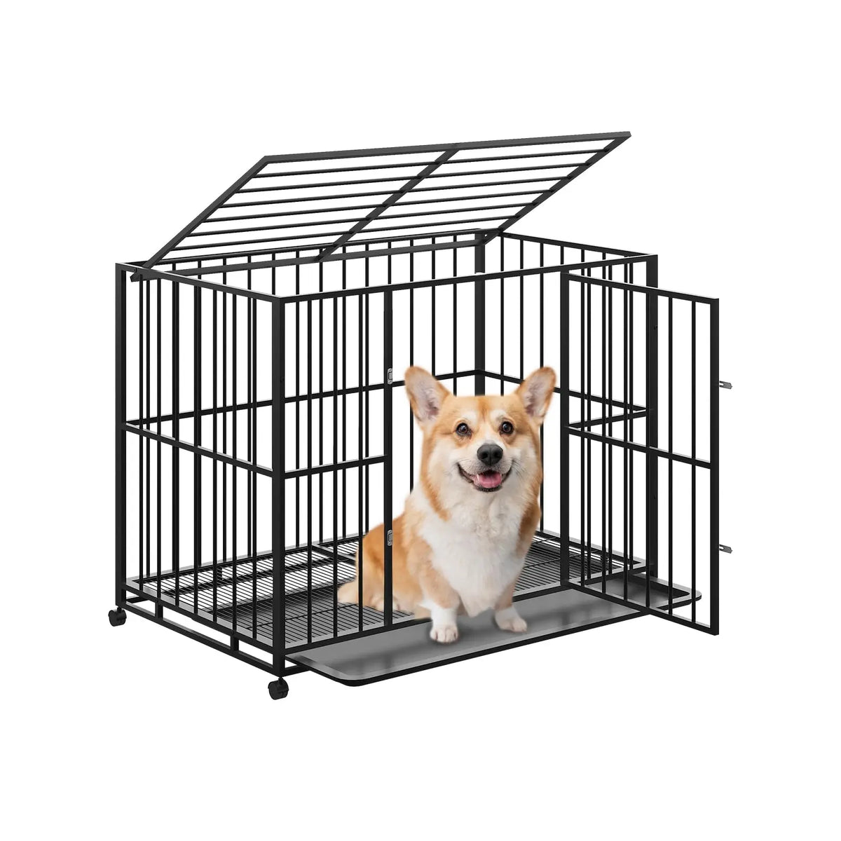 36-Inch Stainless Steel Dog Crate, Dual Doors with Double Locks, Openable Top, Removable Tray and Locking Wheels - product view 2