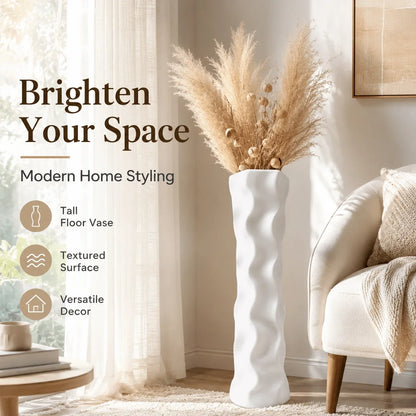 22.6-Inch White Floor Vase, Large Lightweight Wavy Plastic Vase for Pampas Grass, Shatterproof Sculptural Home Décor - product view 2