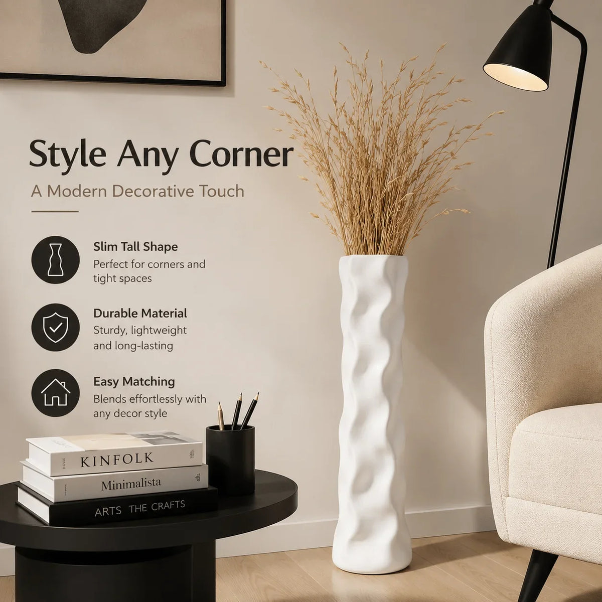 22.6-Inch White Floor Vase, Large Lightweight Wavy Plastic Vase for Pampas Grass, Shatterproof Sculptural Home Décor - product view 3
