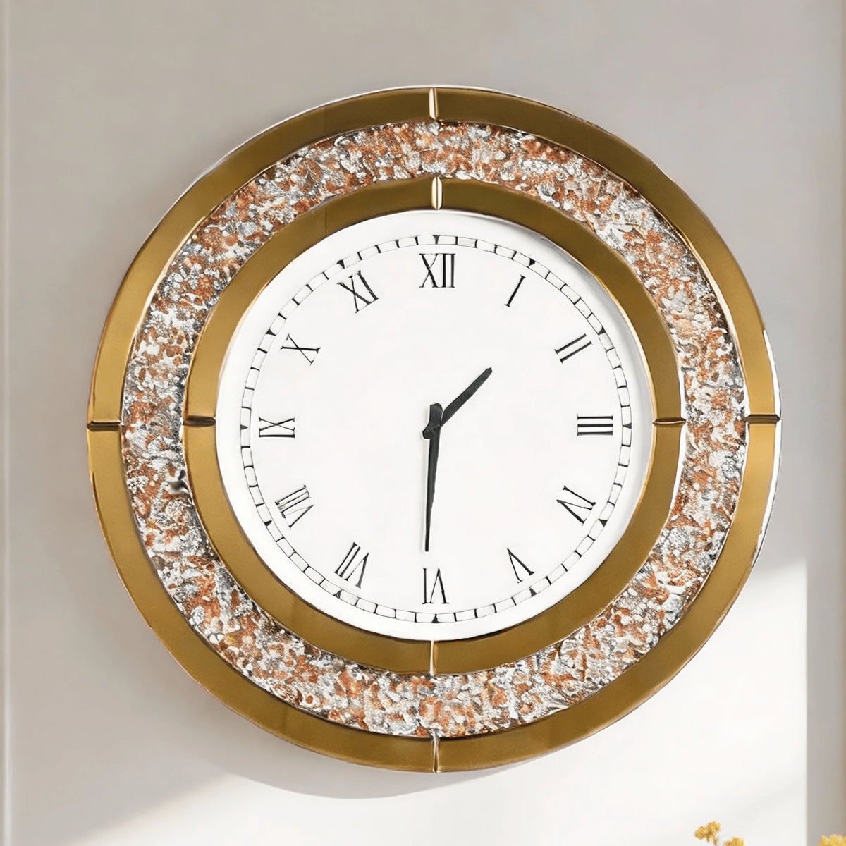 Round Wall Clock with Roman Numerals, Mirrored Glass and Crushed Crystal Detail, 800mm Classic Clock Wall Decor - product view 1
