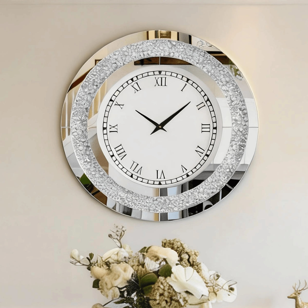 Round Wall Clock with Roman Numerals, Mirrored Glass and Crushed Crystal Detail, 800mm Classic Clock Wall Decor - product view 2