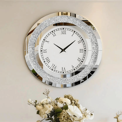 Round Wall Clock with Roman Numerals, Mirrored Glass and Crushed Crystal Detail, 800mm Classic Clock Wall Decor - product view 2