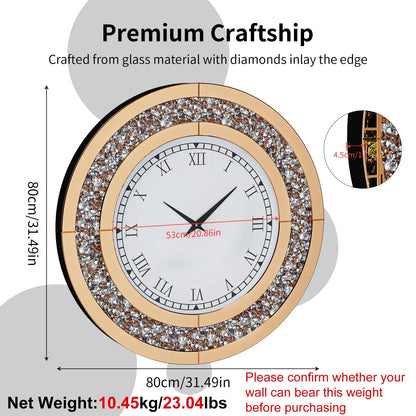 Round Wall Clock with Roman Numerals, Mirrored Glass and Crushed Crystal Detail, 800mm Classic Clock Wall Decor - product view 4