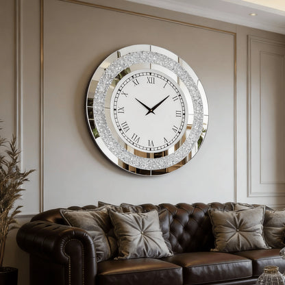 Round Wall Clock with Roman Numerals, Mirrored Glass and Crushed Crystal Detail, 800mm Classic Clock Wall Decor - product view 6