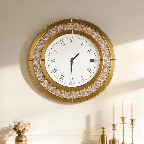 Large Round Wall Clock, 60 cm Silver or Tawny Mirrored Crushed-Crystal Roman Numeral Décor for Bedroom and Living Room - product view 1