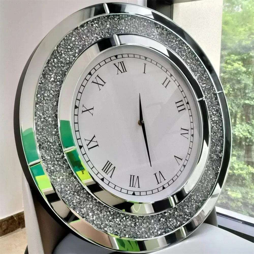 Large Round Wall Clock, 60 cm Silver or Tawny Mirrored Crushed-Crystal Roman Numeral Décor for Bedroom and Living Room - product view 3