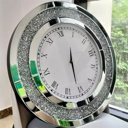 Large Round Wall Clock, 60 cm Silver or Tawny Mirrored Crushed-Crystal Roman Numeral Décor for Bedroom and Living Room - product view 3