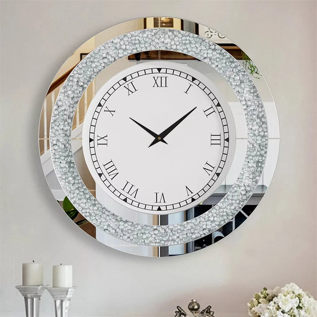 Large Round Wall Clock, 60 cm Silver or Tawny Mirrored Crushed-Crystal Roman Numeral Décor for Bedroom and Living Room - product view 4