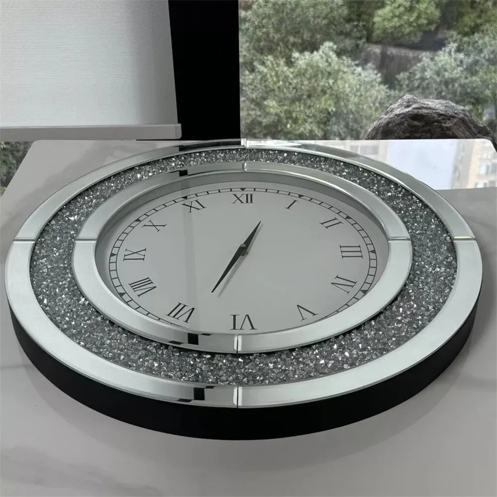 Large Round Wall Clock, 60 cm Silver or Tawny Mirrored Crushed-Crystal Roman Numeral Décor for Bedroom and Living Room - product view 5