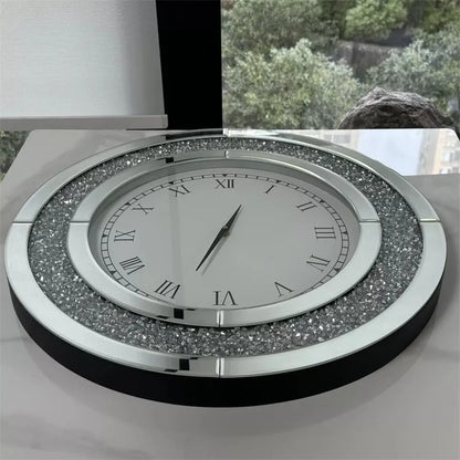 Large Round Wall Clock, 60 cm Silver or Tawny Mirrored Crushed-Crystal Roman Numeral Décor for Bedroom and Living Room - product view 5