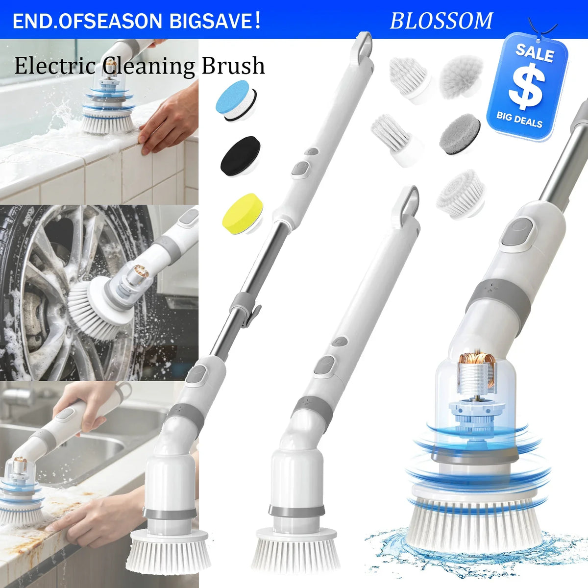 Electric Spin Scrubber, Cordless 9-Head Cleaner with 45-Inch Adjustable Handle, 2 Speeds, USB-C Charging, IPX7 - product view 2