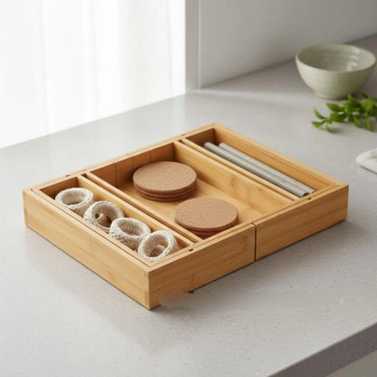 Adjustable Bamboo Utensil Drawer Organizer, Expandable Cutlery Divider Tray with Multiple Compartments for Kitchen and Office - product view 5