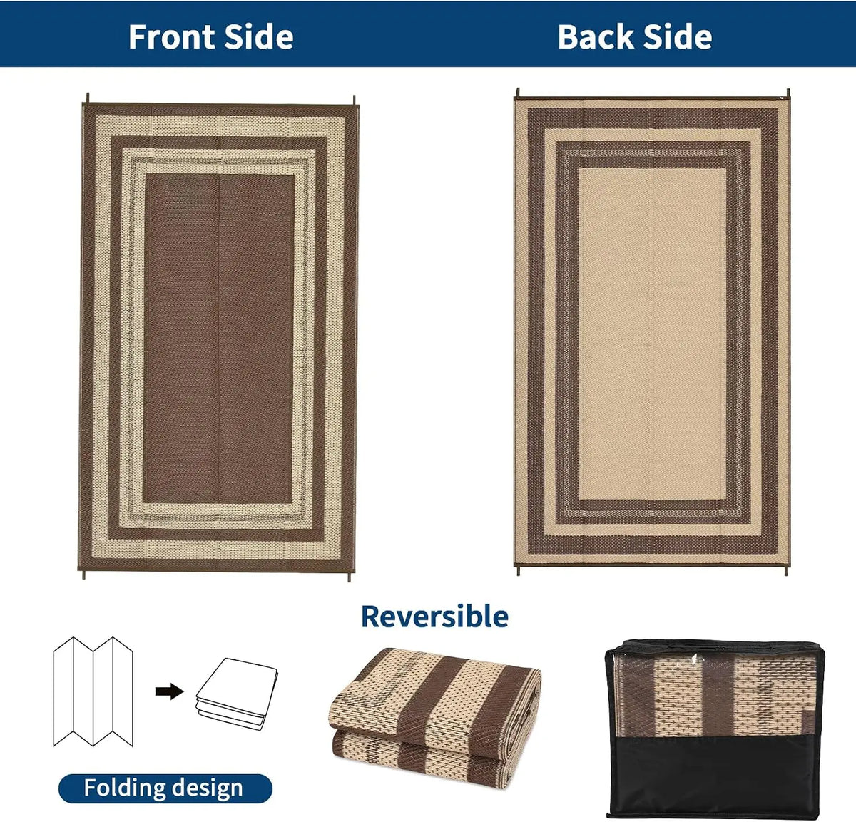 9 x 18 ft Washable Foldable Entryway Rug, Reversible Non-Slip Polyester Carpet for Indoor Outdoor, Patio, RV and Camping - product view 3