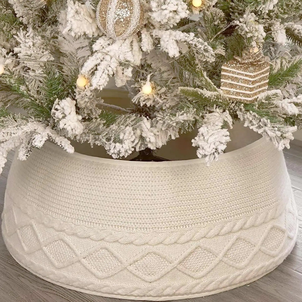 Knitted Christmas Tree Skirt Collar, Cream Plush Cloth, 72 x 23 cm Rustic Holiday Base Cover - product view 3
