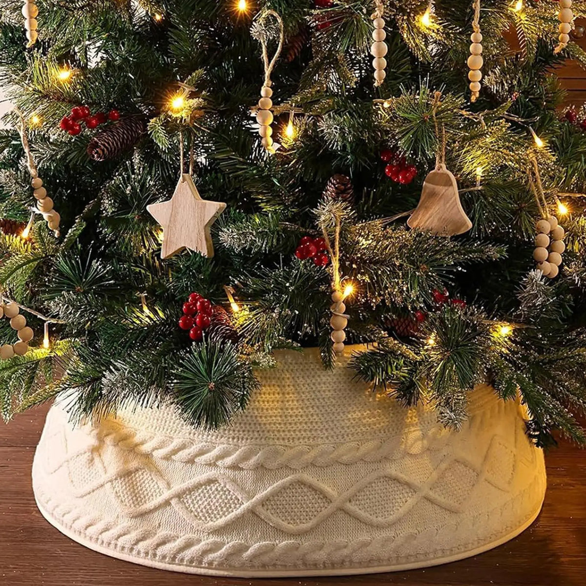 Knitted Christmas Tree Skirt Collar, Cream Plush Cloth, 72 x 23 cm Rustic Holiday Base Cover - product view 4