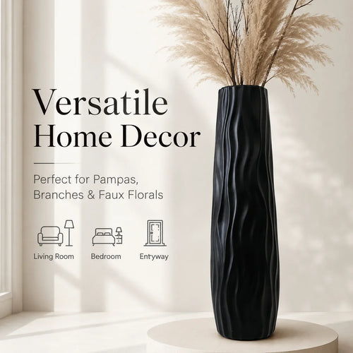 Modern Black Tall Floor Vase, Lightweight Wavy Ripple Plastic Bud Vase, Minimalist Decorative Accent for Home and Office - product view 1
