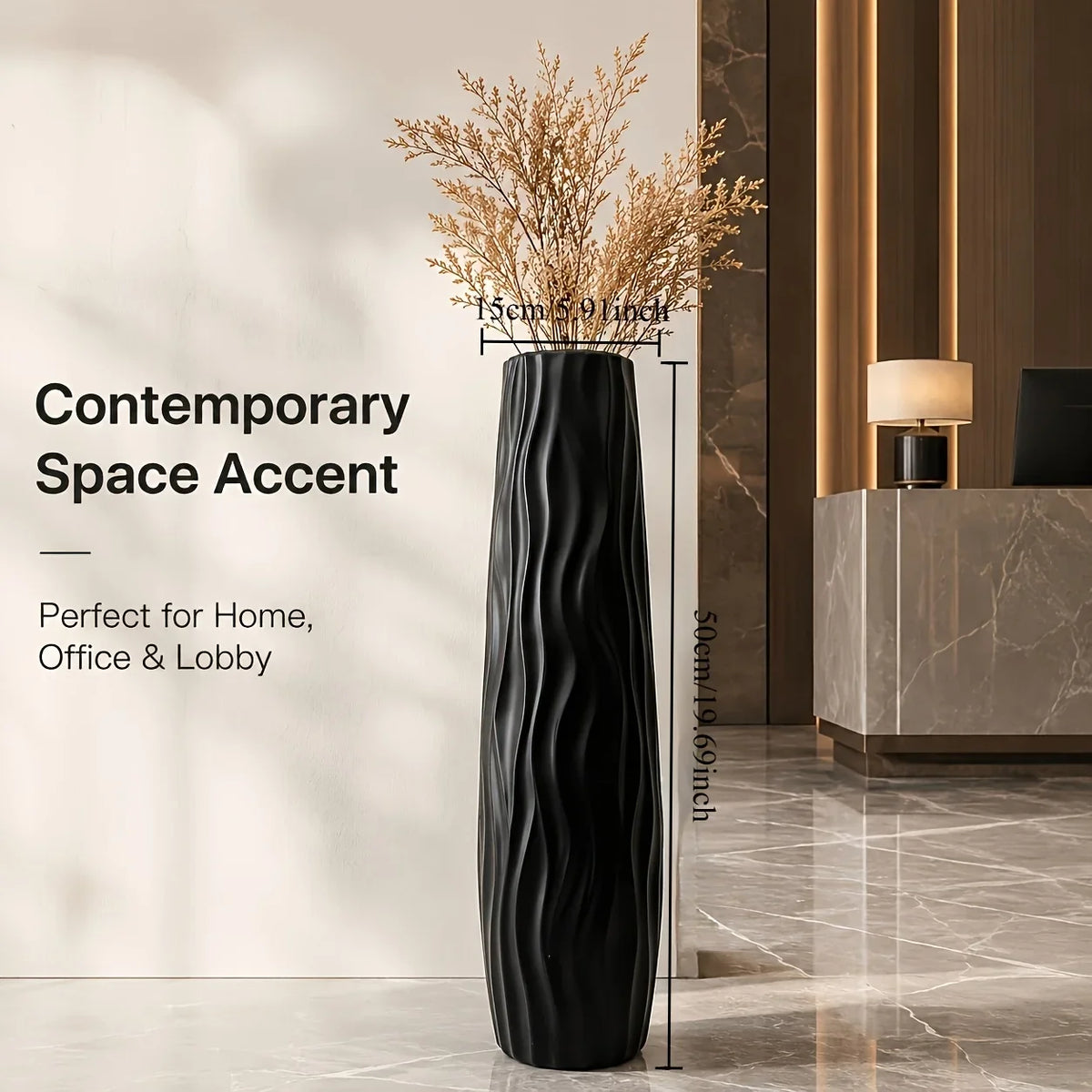 Modern Black Tall Floor Vase, Lightweight Wavy Ripple Plastic Bud Vase, Minimalist Decorative Accent for Home and Office - product view 2