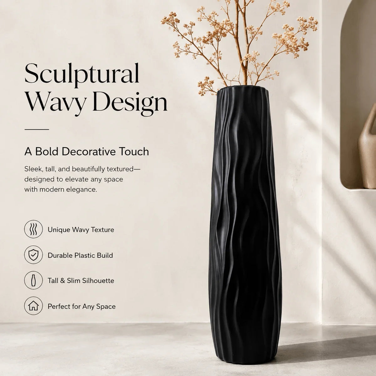 Modern Black Tall Floor Vase, Lightweight Wavy Ripple Plastic Bud Vase, Minimalist Decorative Accent for Home and Office - product view 3