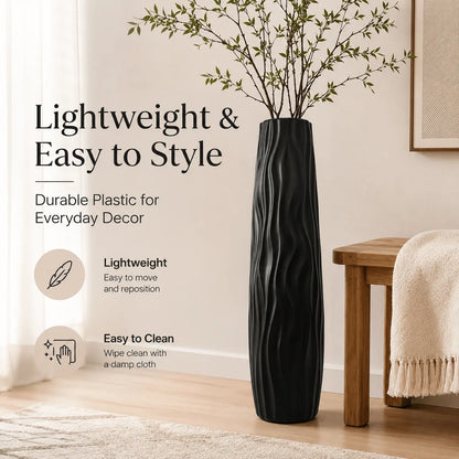 Modern Black Tall Floor Vase, Lightweight Wavy Ripple Plastic Bud Vase, Minimalist Decorative Accent for Home and Office - product view 4