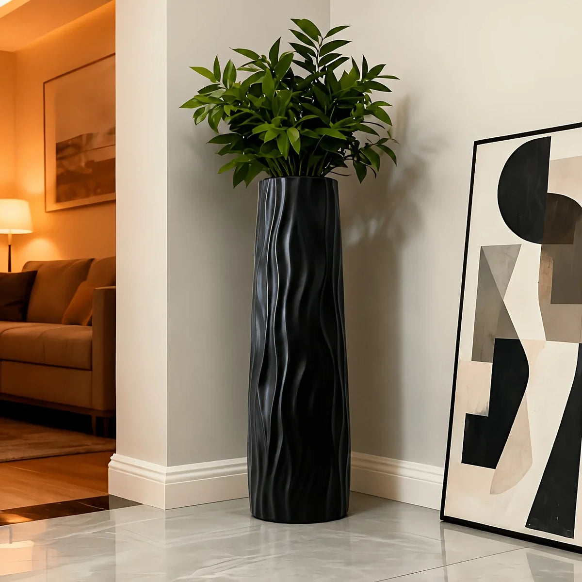 Modern Black Tall Floor Vase, Lightweight Wavy Ripple Plastic Bud Vase, Minimalist Decorative Accent for Home and Office - product view 5