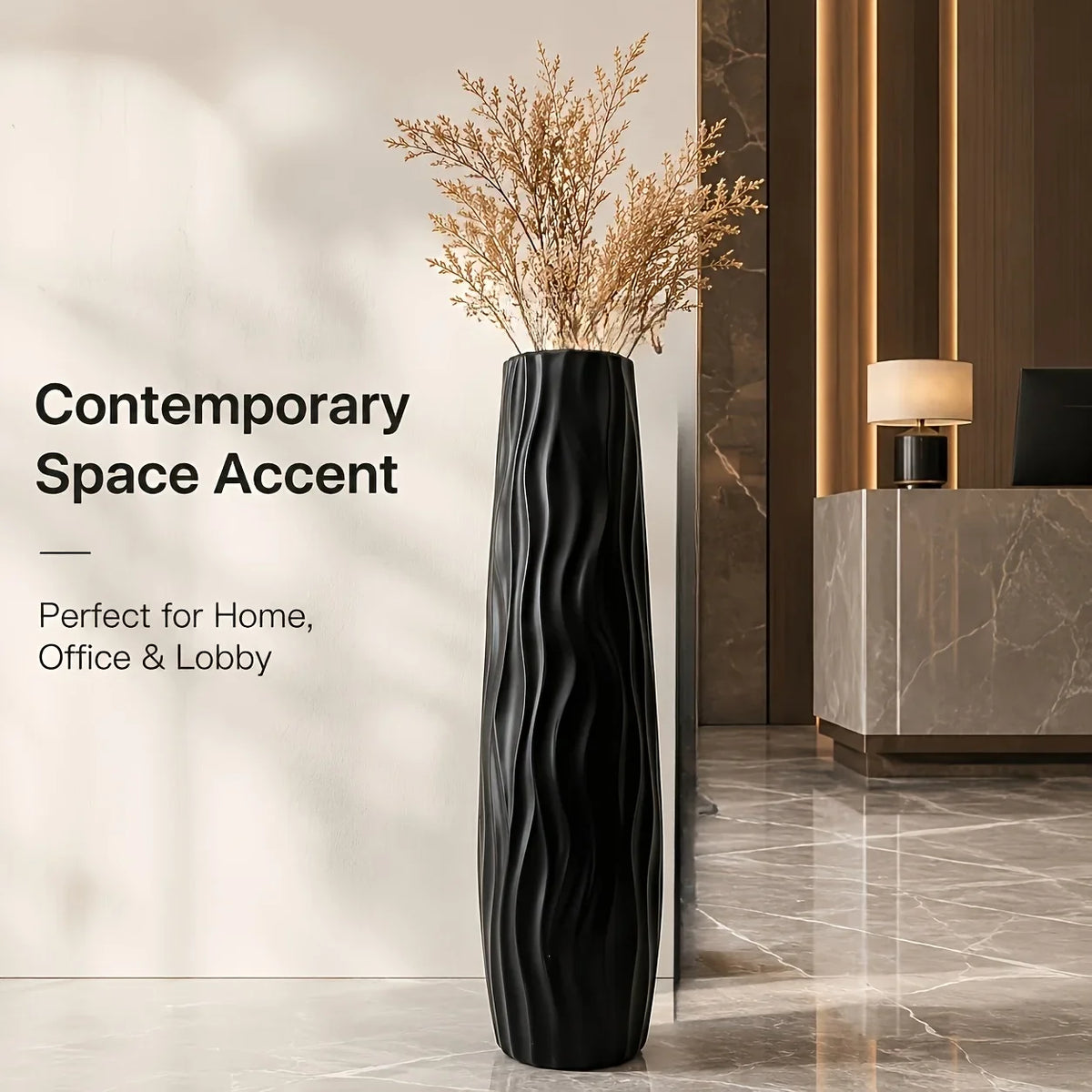 Modern Black Tall Floor Vase, Lightweight Wavy Ripple Plastic Bud Vase, Minimalist Decorative Accent for Home and Office - product view 6