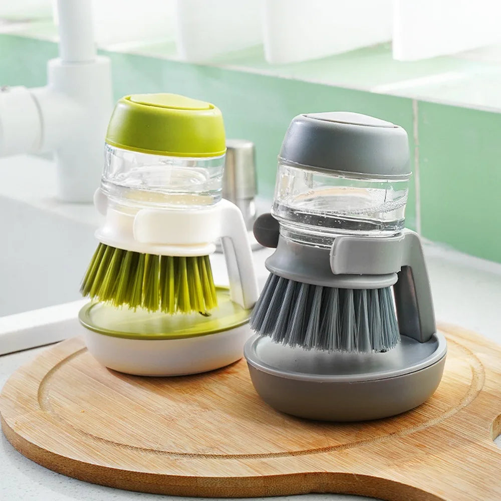 Soap Dispensing Dish Brush, Plastic Kitchen Pot Scrubber, 9.5 × 5 cm, Liquid Addition Brush in Gray or Green - product view 3