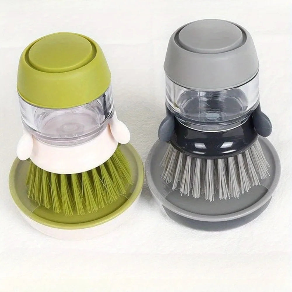 Soap Dispensing Dish Brush, Plastic Kitchen Pot Scrubber, 9.5 × 5 cm, Liquid Addition Brush in Gray or Green - product view 5