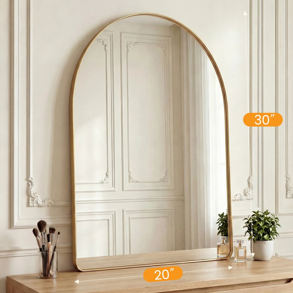 Arched Full-Length Wall Mirror, 5mm Tempered Glass, Rounded Rectangle, Vertical or Horizontal Mount, Black or Gold - product view 3
