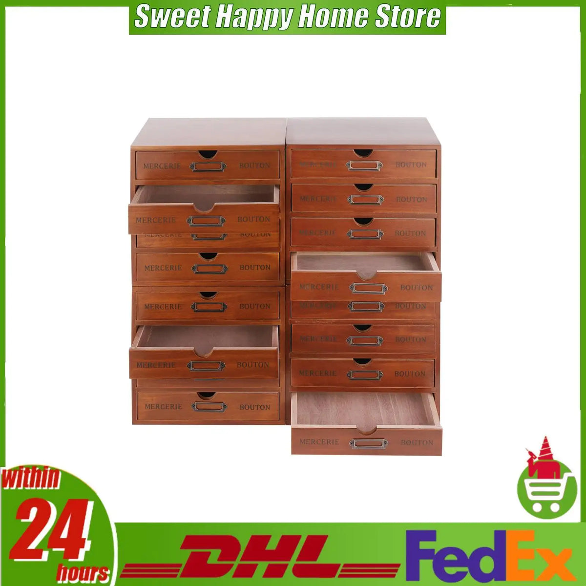 Wooden Drawer Organizer 4-Pack, Retro Brown Tabletop Storage Drawers with Iron Label Holders for Cosmetics, Jewelry and Office Items - product view 2