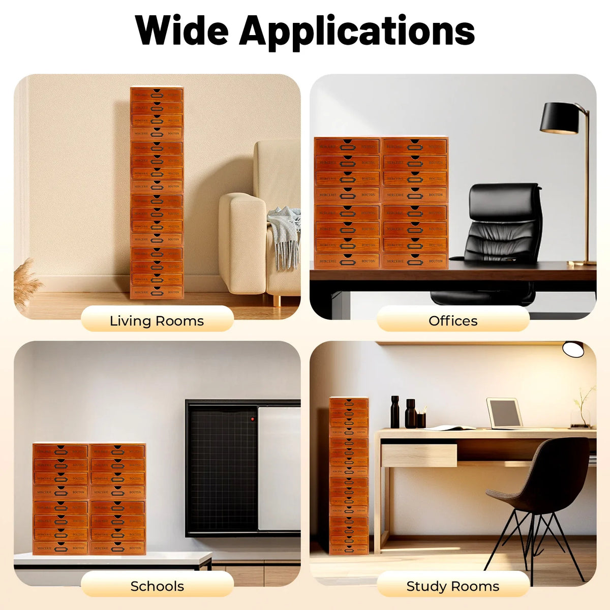 Wooden Drawer Organizer 4-Pack, Retro Brown Tabletop Storage Drawers with Iron Label Holders for Cosmetics, Jewelry and Office Items - product view 3