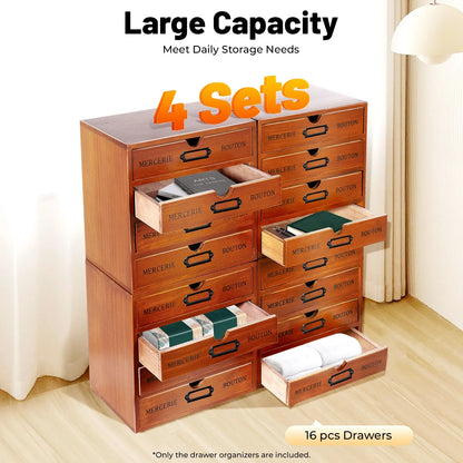 Wooden Drawer Organizer 4-Pack, Retro Brown Tabletop Storage Drawers with Iron Label Holders for Cosmetics, Jewelry and Office Items - product view 4
