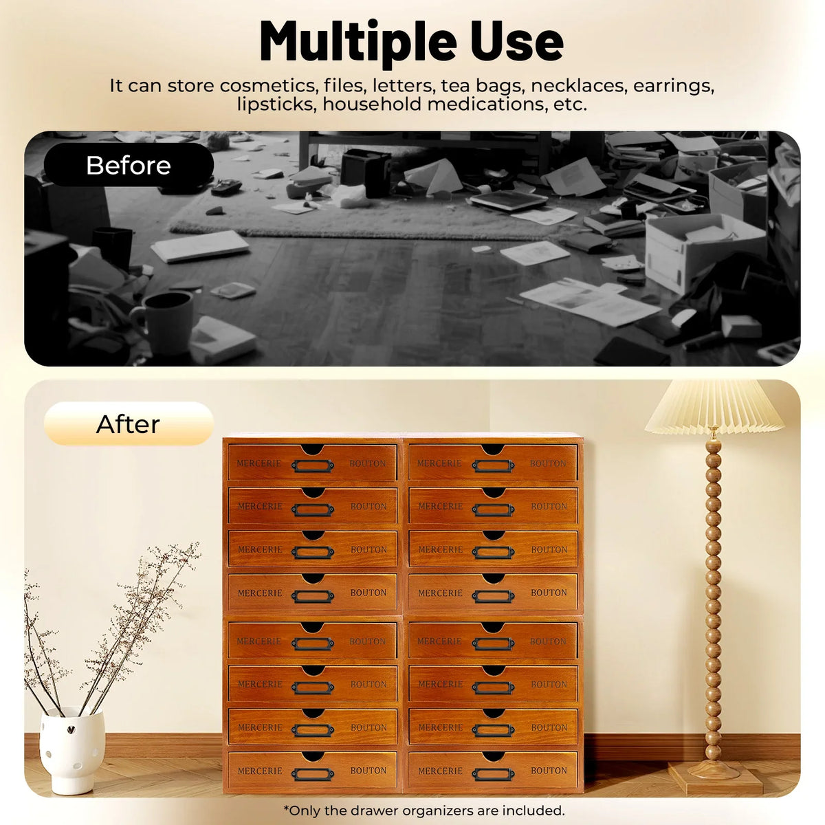Wooden Drawer Organizer 4-Pack, Retro Brown Tabletop Storage Drawers with Iron Label Holders for Cosmetics, Jewelry and Office Items - product view 5
