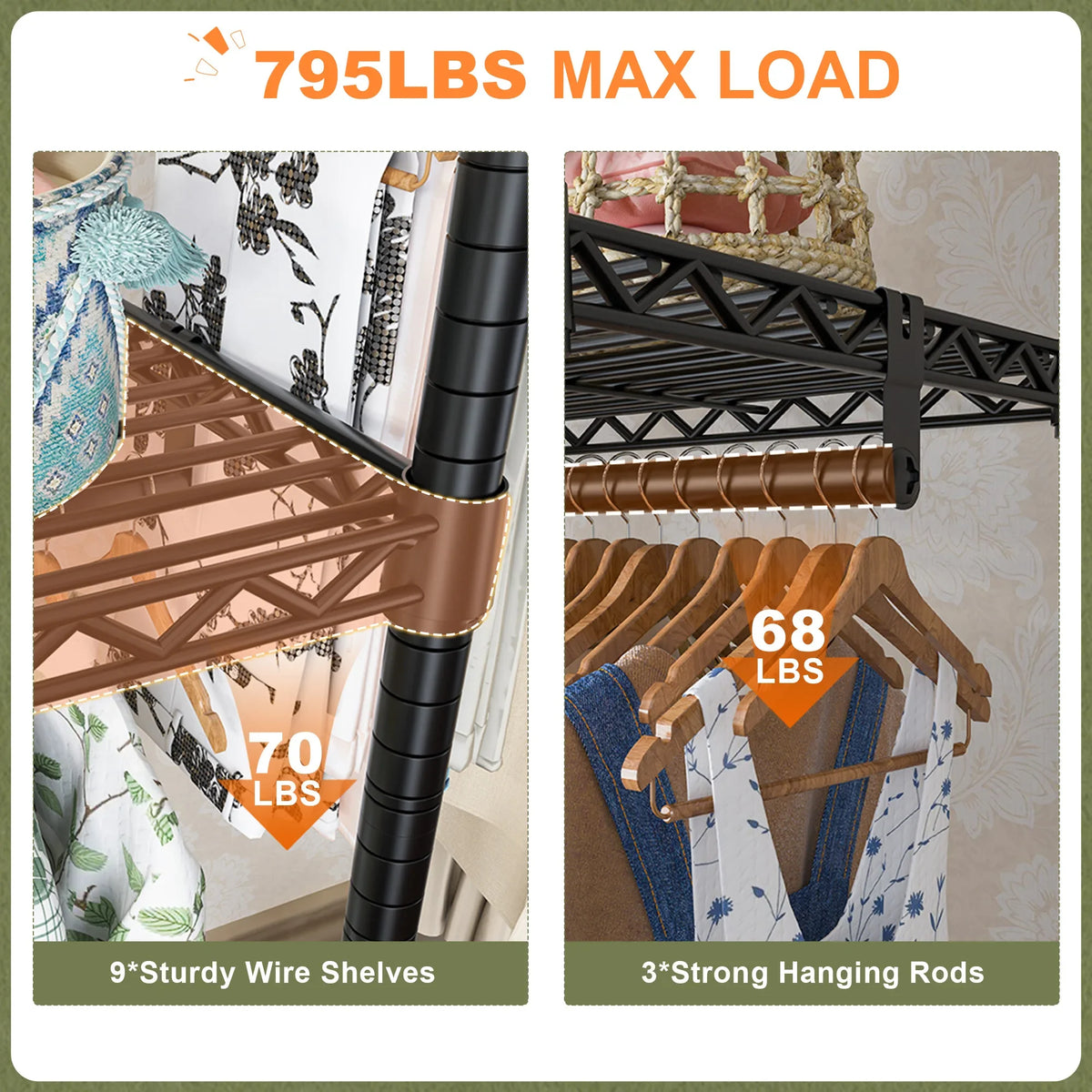Heavy-Duty Adjustable Garment Rack, 56 × 16 × 75.5 in, 9 Shelves, 3 Detachable Rods, 795 lb Capacity for Bedroom - product view 4