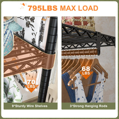 Heavy-Duty Adjustable Garment Rack, 56 × 16 × 75.5 in, 9 Shelves, 3 Detachable Rods, 795 lb Capacity for Bedroom - product view 4