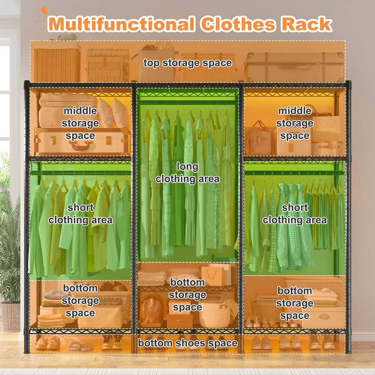 Heavy-Duty Adjustable Garment Rack, 56 × 16 × 75.5 in, 9 Shelves, 3 Detachable Rods, 795 lb Capacity for Bedroom - product view 5