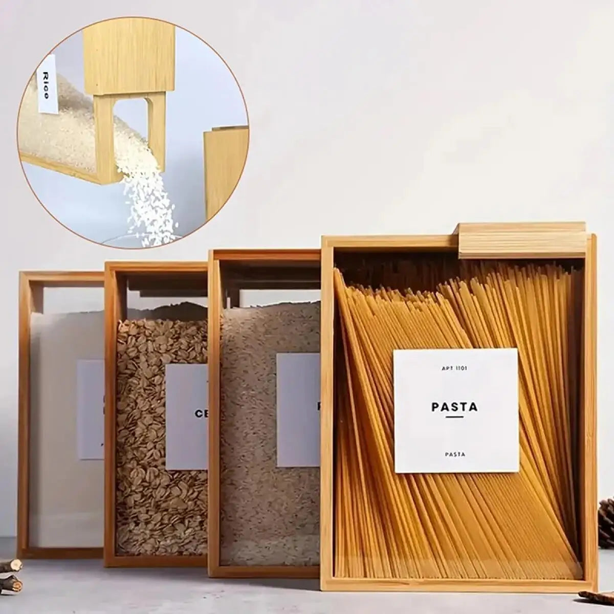 3L Rice Storage Container, Airtight Rectangular Wood Food Dispenser with Clear Sliding Lid for Rice, Flour, Pasta and Dry Goods - product view 2