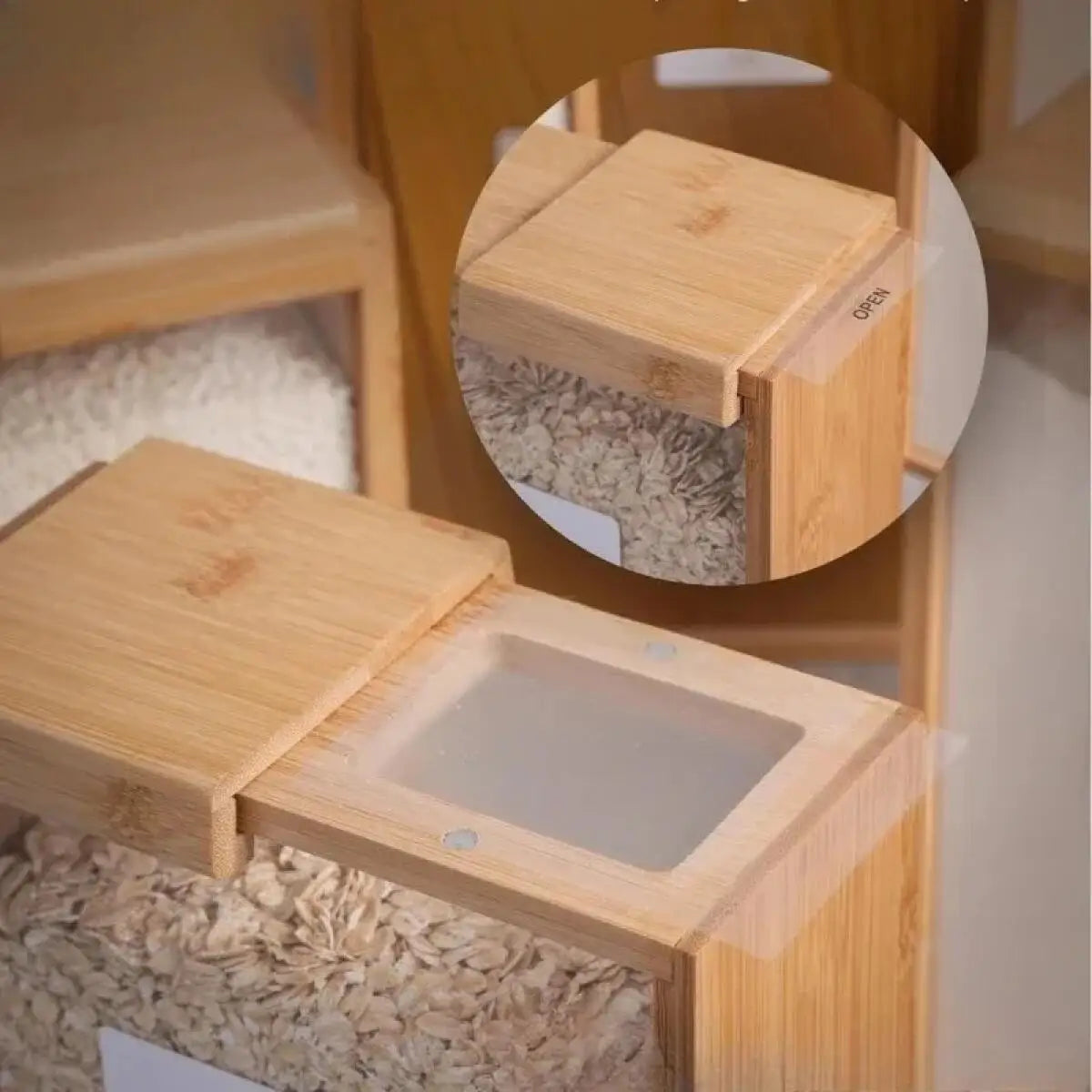 3L Rice Storage Container, Airtight Rectangular Wood Food Dispenser with Clear Sliding Lid for Rice, Flour, Pasta and Dry Goods - product view 3