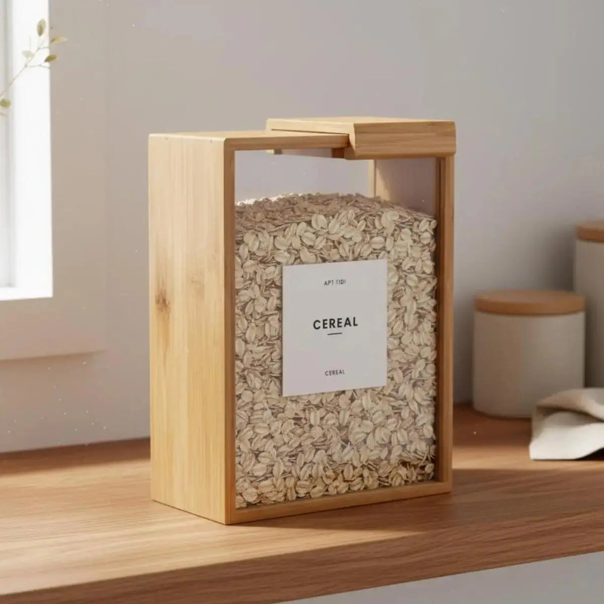 3L Rice Storage Container, Airtight Rectangular Wood Food Dispenser with Clear Sliding Lid for Rice, Flour, Pasta and Dry Goods - product view 4